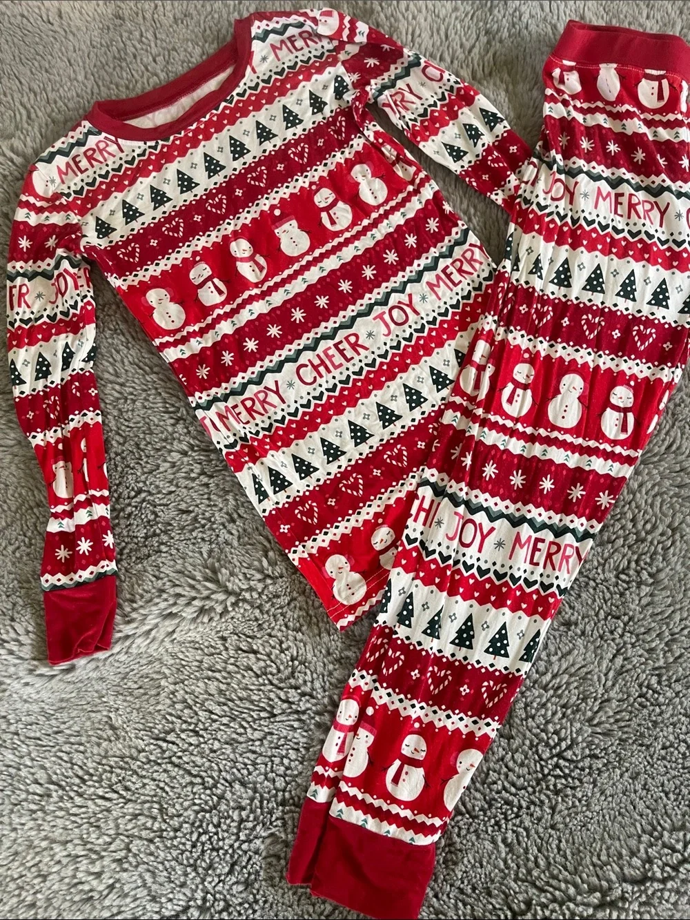Ugly Christmas Sweater Red Holiday Pajama Set Snowman & Trees Sz 7/8